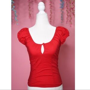 Red Peasant Blouse with Keyhole Cutout